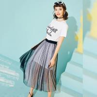 拉夏贝尔中长款连衣裙两件套女短袖圆领字母印花纱网裙子套装