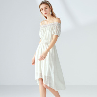 拉夏贝尔2020夏季新款连衣裙女纯色甜美田园一字领镂空吊带中长裙