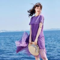 拉夏贝尔网纱短袖圆领显瘦蛋糕裙连衣裙