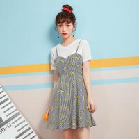 拉夏贝尔夏新款甜美印花吊带条纹收腰a字两件套雪纺连衣裙
