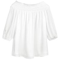 拉夏贝尔一字领露肩上衣新款七分袖白色洋气遮肚子小衫时尚女士