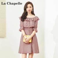 拉夏贝尔夏季女装新款中长款收腰显瘦淑女一字领连衣裙女_529 S建议(80斤-105斤) 格子混色