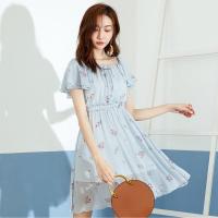 拉夏贝尔夏季新款条纹碎花裙短袖一字肩荷叶边中长款连衣裙_195 155/80A 印花混色