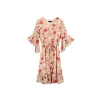 拉夏贝尔海边度假碎花沙滩裙淑女甜美夏季V领新款可爱雪纺荷叶边_533 S 印花混色