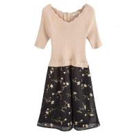 拉夏贝尔假两件连衣裙女夏装新款黑色针织小个子a字裙流行裙子潮_35 S 米白