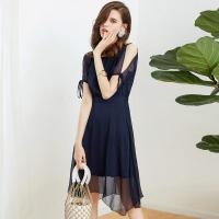 拉夏贝尔夏季圆领包袖露肩系带高腰不规则雪纺中长款连衣裙_657 S 藏青