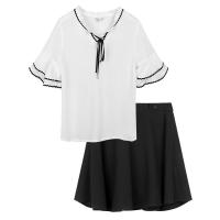 N拉夏贝尔个性喇叭袖包边夏款女韩版荷叶袖系带套装两件套甜美时髦个性_347 S 本白