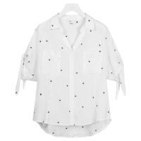 拉夏贝尔新款宽松星星印花v领复古绑带五分袖上衬衫 本白 S