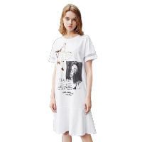 拉夏贝尔短袖连衣裙女夏新款亮片印花原宿学院风荷叶边中长裙_775 白色 S