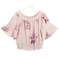 拉夏贝尔夏季女宽松洋气碎花露肩一字肩短款雪纺衫衬衫 印花混色 S