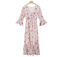 【专柜同款】拉夏贝尔夏韩版森女中长款v领碎花五分喇叭袖高腰显瘦连衣裙20011998 粉红 S