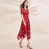 拉夏贝尔新款女装夏季红色短袖衬衫连衣裙气质不规则长裙收腰