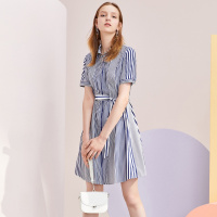 拉夏贝尔气质条纹连衣裙新款夏季时尚高腰纯棉短袖a字裙子女