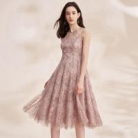 拉夏贝尔新款女装夏季中长款连衣裙性感时尚收腰修身蕾丝a字裙子