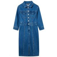 拉夏贝尔裙子女装学生新款中长款打底收腰法式牛仔裙复古连衣裙