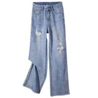 拉夏贝尔Laetia 阔腿裤牛仔裤女2020秋新款破洞高腰显瘦垂感喇叭裤903610055