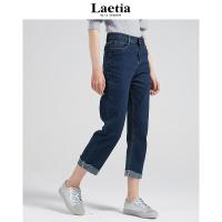 拉夏贝尔Laetia 卷边直筒牛仔裤女2020新款高腰宽松显瘦九分阔腿裤903610056