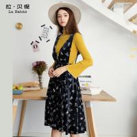 拉夏贝尔 拉贝缇金丝绒冬季连衣裙韩版V领松紧高腰修身显瘦中长裙60006189
