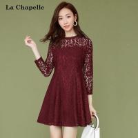 拉夏贝尔秋装新韩版修身显瘦a字高腰小香风蕾丝连衣裙女10013996