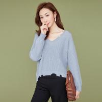 拉夏贝尔春秋v领毛衣韩版百搭宽松长袖套头上衣女士针织衫10015109