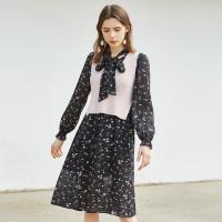 拉夏贝尔春季新款女装两件套长袖绑带淑女碎花背心连衣裙套装