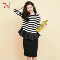 拉夏贝尔7M套装裙两件套秋装新款条纹荷叶摆毛针织衫包臀裙套装女70009471