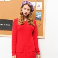 拉夏贝尔 拉贝缇针织开叉长袖中长款毛衣显瘦一步裙打底裙连衣裙女60006065