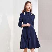 拉夏贝尔韩版中长款连衣裙春季新款设计感假两件气质A字裙女_36 155/80AS 藏青