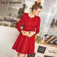 拉夏贝尔秋装新百搭修身收腰显瘦百褶a字连衣裙女20011292