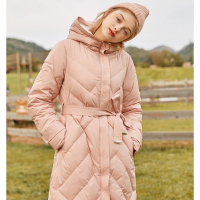 拉夏贝尔7．Modifier【莲】连帽羽绒服女装冬季新款韩版加厚外套收腰中长款过膝棉服时尚