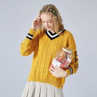 拉夏贝尔款网红慵懒风v领英伦毛衣2019新款秋季女装宽松加厚保暖套头针织衫20015662_663 S 姜