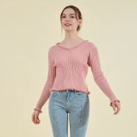 拉夏贝尔Laetia2020秋冬新款毛衣女修身韩版V领木耳边长袖904611168