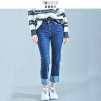 拉夏贝尔7M莫丽菲尔2020卷边牛仔裤女显瘦高腰直筒裤9047M0295