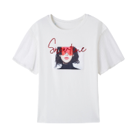 【专柜同款】拉夏贝尔夏新款女印花字母蕾丝短袖人物图案创意休闲T恤10021641 白色 L