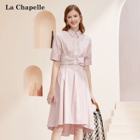 拉夏贝尔五分袖中长a字裙夏季新款单排扣高腰显瘦气质连衣裙