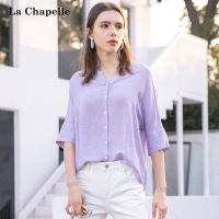 拉夏贝尔半袖条纹上衣衬衫新款女装夏季休闲性感圆领衬衣