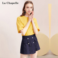 拉夏贝尔韩版百搭显瘦短款牛仔裤女夏装新款高腰宽松直筒裙裤