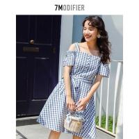 7．Modifier夏季连衣裙格子学生吊带高腰女装新款一字肩小清新韩版少女风