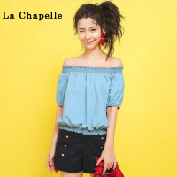 拉夏贝尔 7M莫丽菲尔夏季女装新款一字肩上衣女显瘦衬衫牛仔衣短袖T恤小衫70007941