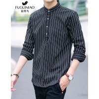 富贵鸟FUGUINIAO男士长袖衬衫立领商务休闲衬衣黑色条纹大码工作服装新品潮流春秋