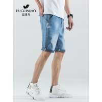 富贵鸟FUGUINIAO夏季新款2019男士牛仔裤男短裤青年水洗印花休闲五分中裤男