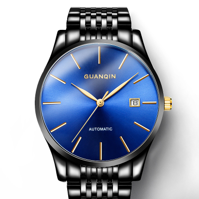 冠琴(GUANQIN)手表防水全自动机械精钢表带镂空单日历商务休闲腕表