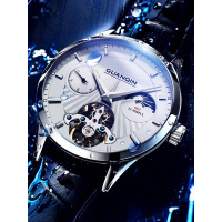 冠琴(GUANQIN)手表男士防水镂空全自动机械表镂空两地时间潮流时尚腕表