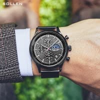 梭伦正品手表男士石英表防水真皮带夜光2019新款运动潮黑色男表