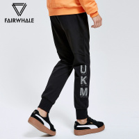 马克华菲针织裤男士2018秋冬休闲运动贴布格子绣花黑色长裤