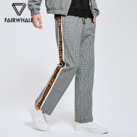 马克华菲男士休闲裤秋冬撞色织带时尚潮流格子拼接直筒长裤子潮牌_3