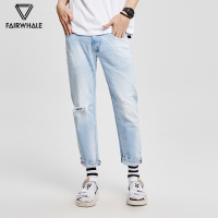 马克华菲男装夏季新款浅色修身韩版薄款九分裤破洞牛仔裤男潮牌_2