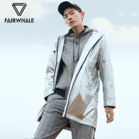 马克华菲风衣男冬装ins潮流金属银色外套连帽中长款上衣