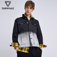 马克华菲牛仔外套男士2018秋冬黑白渐变多口袋印花夹克上衣