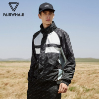 马克华菲夹克男2018秋冬满印上衣拼接连帽宽松韩版潮外套